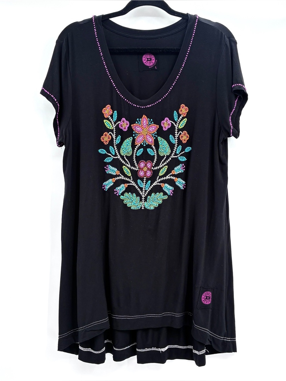 Double D Ranch Women’s Black Beaded Flowers Babydoll Tunic Long Top Shirt Large